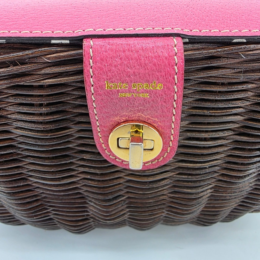 Kate Spade Pink Leather Dark Brown Wicker Picnic Basket Polka Dot Satchel Bag - Picture 5 of 13